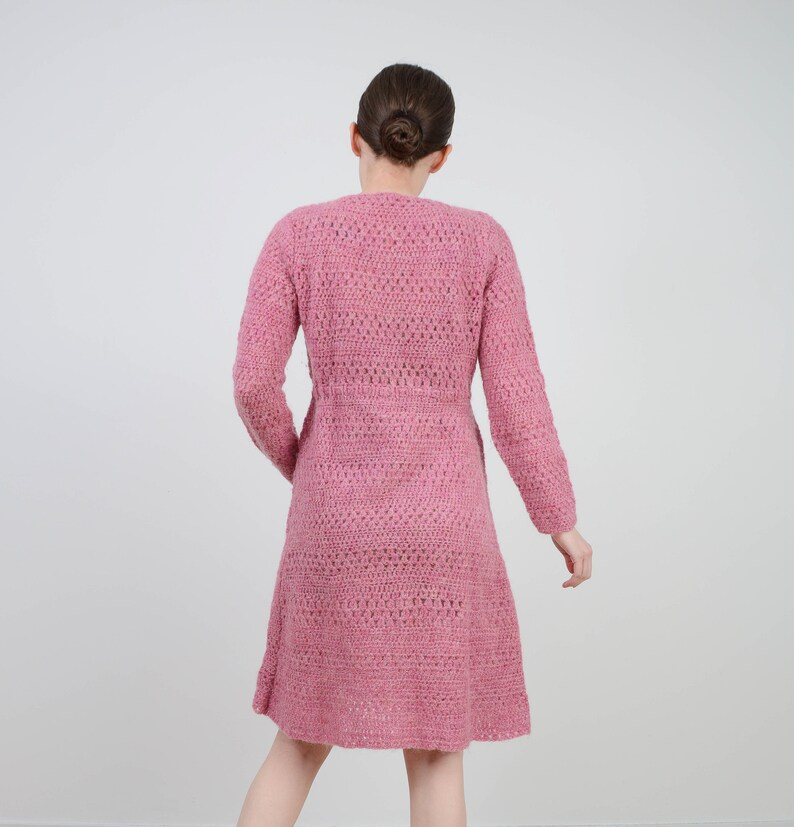 Semi Sheer Hand Knit Mohair Wool Dress Vintage Pink Crochet Dress size S M