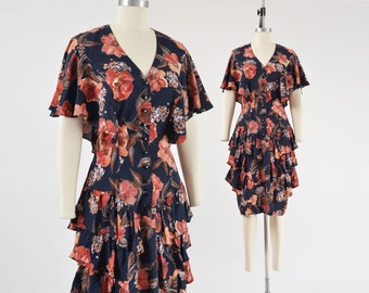 Black Romantic Floral Dress 80s Vintage Ruffle Tiered Dress Boho Flutter Sleeve Dress size Small