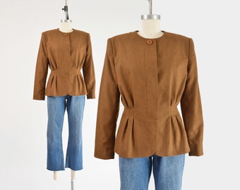 Brown Nipped Waist Jacket 80s Vintage Wool Collarless Peplum Jacket Top size M