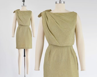 Metallic Gold Party Dress 60s Vintage Sleeveless Pencil Wiggle Mini Dress with Bow size XS