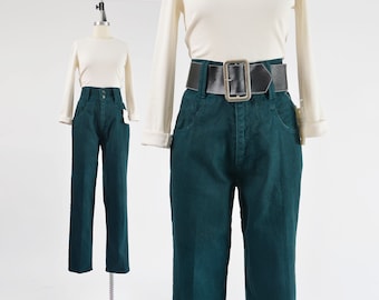 Forest Green Jeans 90s Vintage ULTRA High Waisted Tapered Leg Jeans with Wide Belt size L