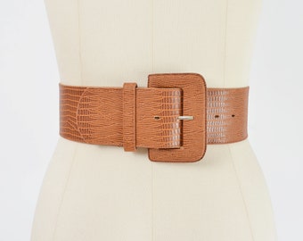 Brown Embossed Faux Leather Belt | 80s Vintage Cinch Waist Wide Statement Belt size S M