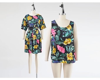 Komplet szorty i top z lat 90., rozmiar M, rozmiar L | Szorty bermudy w stylu vintage z tropikalnym wzorem i bluzka w kwiaty, 3 sztuki