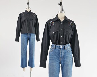 Black Western Shirt Vintage 70s 80s Cotton Blend Pearl Snap Star Rhinestone Rodeo Cowgirl Blouse size M L
