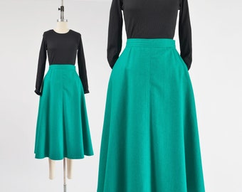 Emerald Green Skirt 80s Vintage Wool Skirt Full Swing Fit Midi Skirt with Pockets size M