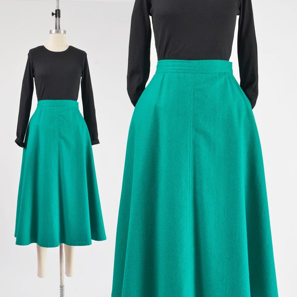 Emerald Green Skirt 80s Vintage Wool Skirt Full Swing Fit Midi Skirt with Pockets size M