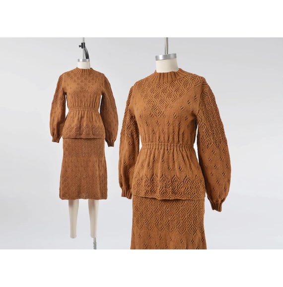 70s Brown Knit Skirt Set XS | Vintage Pointelle Sweater and Midi Pencil Skirt Boho Crochet Two Piece
