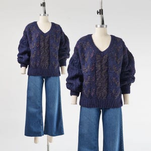 Dark Purple Sweater size M L | Vintage 90s Chunky Cable Knit Sweater Mohair Wool V Neck Oversized Jumper Unisex