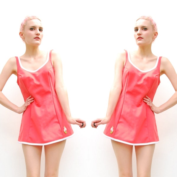 60s Coral Swimsuit - Skirted Swimsuit - One Piece Swimsuit - Mad Men Bathing Suit - JC Penny - Mod Swimsuit - Pin Up - L 12 14