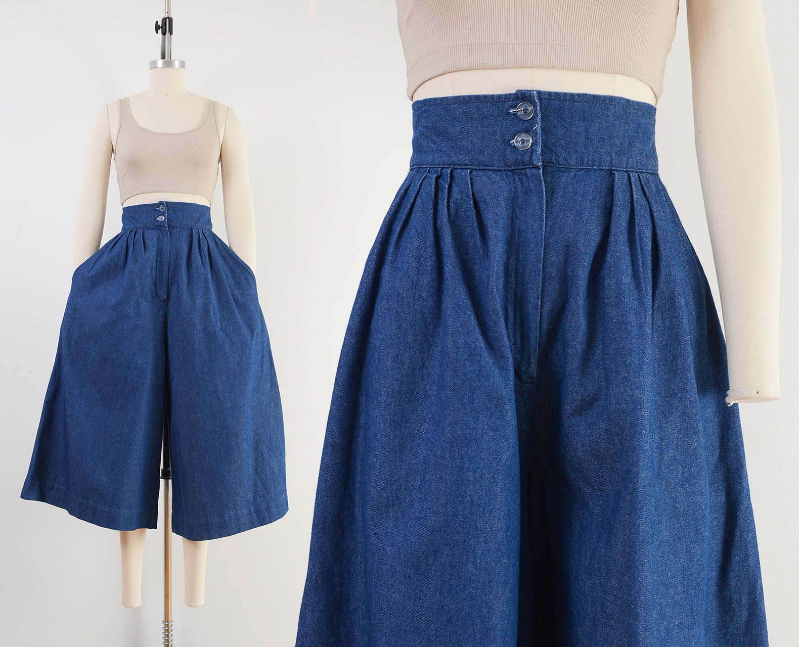 Denim Gaucho Pants | 70s 80s Vintage Cropped Wide Leg