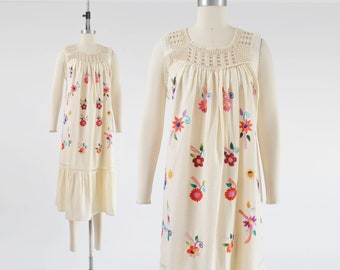 Cream Cotton Gauze Dress 70s 80s Vintage Mexican Floral Embroidered Dress Crochet Lace Boho Hippie Sundress size S M