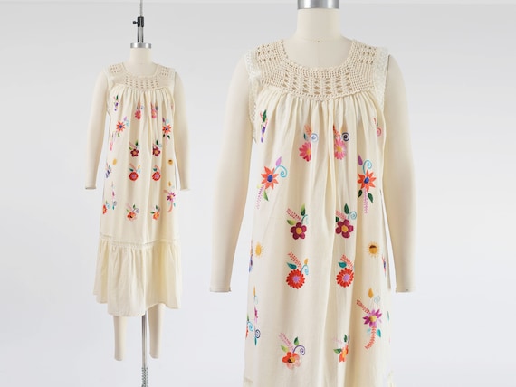 Cream Cotton Gauze Dress 70s 80s Vintage Mexican … - image 1