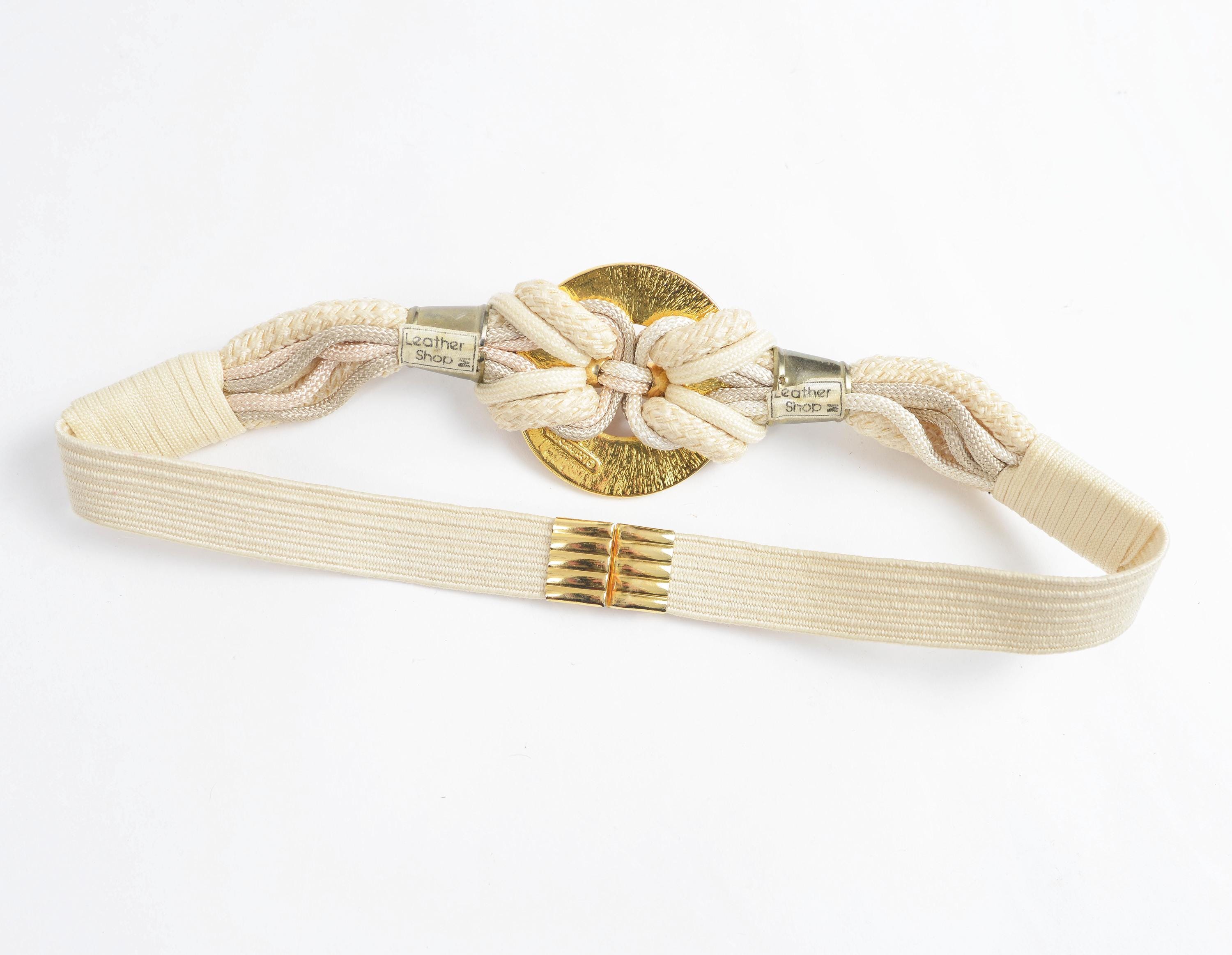 Vintage 80s Cream and Gold Medallion Braided Cord Cinch Belt 