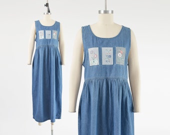 Cute Cottagecore Denim Maxi Dress 90s Vintage Blue Jean Patchwork Pinafore Jumper Dress size M