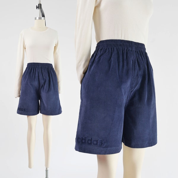 Adidas Corduroy Shorts Y2K Vintage Navy Cotton Elastic Waist Knee Length Shorts size M L 30 - 34 waist