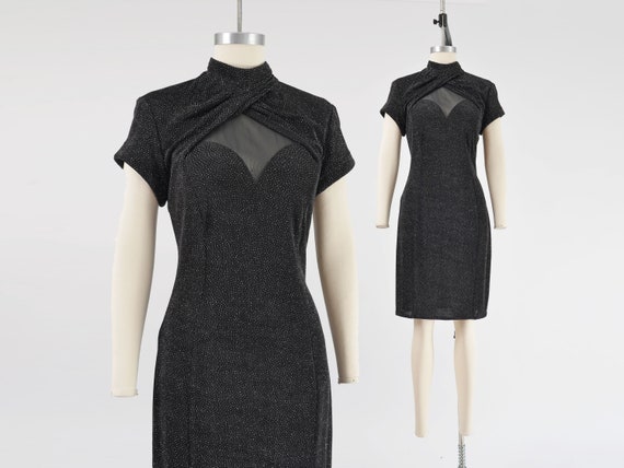 Black Stretchy Dress 90s Vintage Sheer Mesh Spark… - image 1