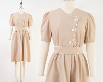 Tan Trench Coat Dress 70s Vintage Tan Puff Sleeve Belted Midi Dress by Henry Lee size S M 6 8