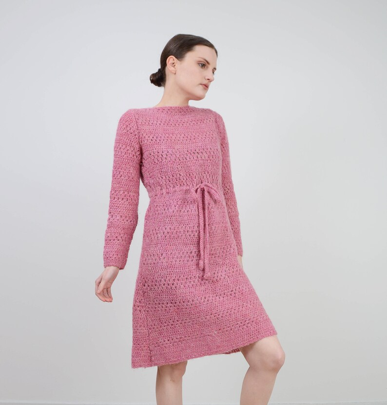 Semi Sheer Hand Knit Mohair Wool Dress Vintage Pink Crochet Dress size S M