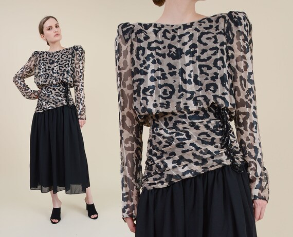 Vintage 80s Leopard Party Dress | Sheer Puff Sleev