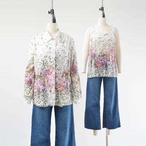 70s White Floral Blouse Set XL | Vintage Cottagecore Boho Camisole Top | Sheer Knit Two Piece size Extra Large