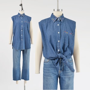 Denim Sleeveless Shirt size M L | Vintage 90s Rhinestone Collared Button Down Blouse Blue Cotton Chambray Top