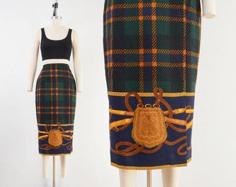 Plaid Equestrian Skirt | 90s Vintage Wool Wrap Skirt High Waisted Midi Skirt size Small