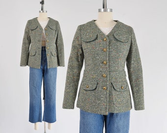 Green Speckled Tweed Wool Jacket 60s Vintage Nipped Waist V Neck Fitted Jacket XS S