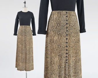 Snakeskin Maxi Skirt Y2K Vintage Stretchy Long Skirt with Slit and Buttons Brown and Black size S