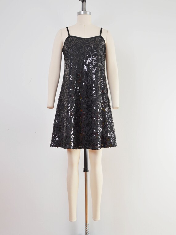 Black Sequin Dress 90s Vintage Slip Dress Spaghetti Strap Cocktail