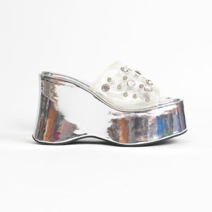 Vintage dELiA*s Mirrored Metallic Silver Platform Sandals Clear Slide Heels With Rhinestone Studs size 5 US