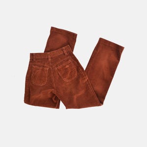 70s Brown Corduroy Pants XS, Vintage High Waisted Straight Leg Jeans Rust Cotton Retro Trousers 25 26 waist