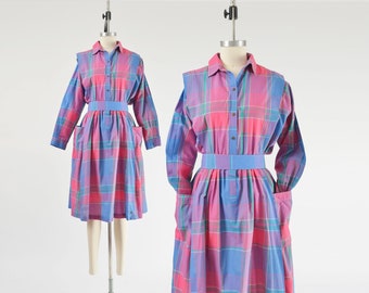 Plaid Shirt Dress 80s Vintage Collared Long Sleeve Full Midi Dress with Pockets and Belt Pink and Blue size S M