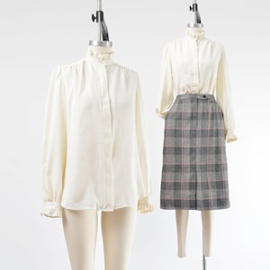 Cream Polka Dot Blouse size Small | 80s Vintage Satin Ruffle Top Button Down Work Office Secretary Blouse