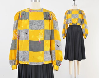 Vintage 80s Yellow Abstract Artsy Print Blouse Silky Long Puff Sleeve Secretary Top