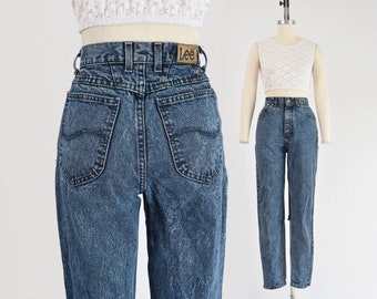 High Waisted Lee Jeans 80s Vintage Stonewash Denim Slim Fit Tapered Leg Mom Jeans 26 waist Small