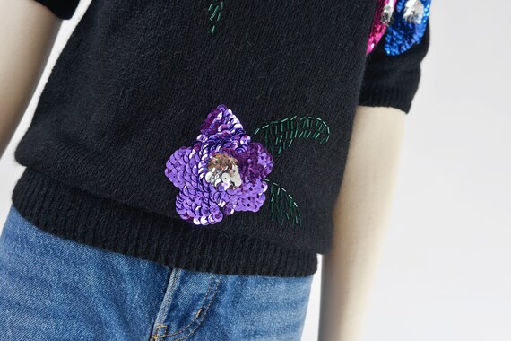 Cute Black Floral Beaded Sweater 80s Vintage Silk… - image 3