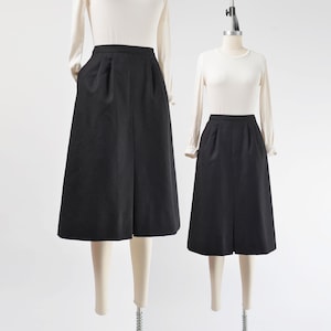 Black Wool Skirt size Small | 80s Vintage A-line Pleated Front Midi Skirt with Pockets 27 waist