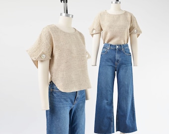 80s Natural Linen Top XS S, Vintage Beige Tan Minimalist Blouse, Cropped Boxy Shirt