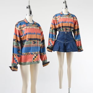 Southwestern Striped Shirt size Large | 90s Vintage Collared Button Down Long Sleeve Cotton Blouse