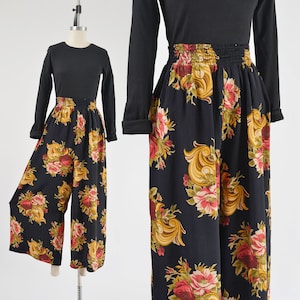 Black Floral Pants size XS S | Vintage 90s Elastic Waist Palazzo Pants Romantic Baroque Print Wide Leg Trousers size S