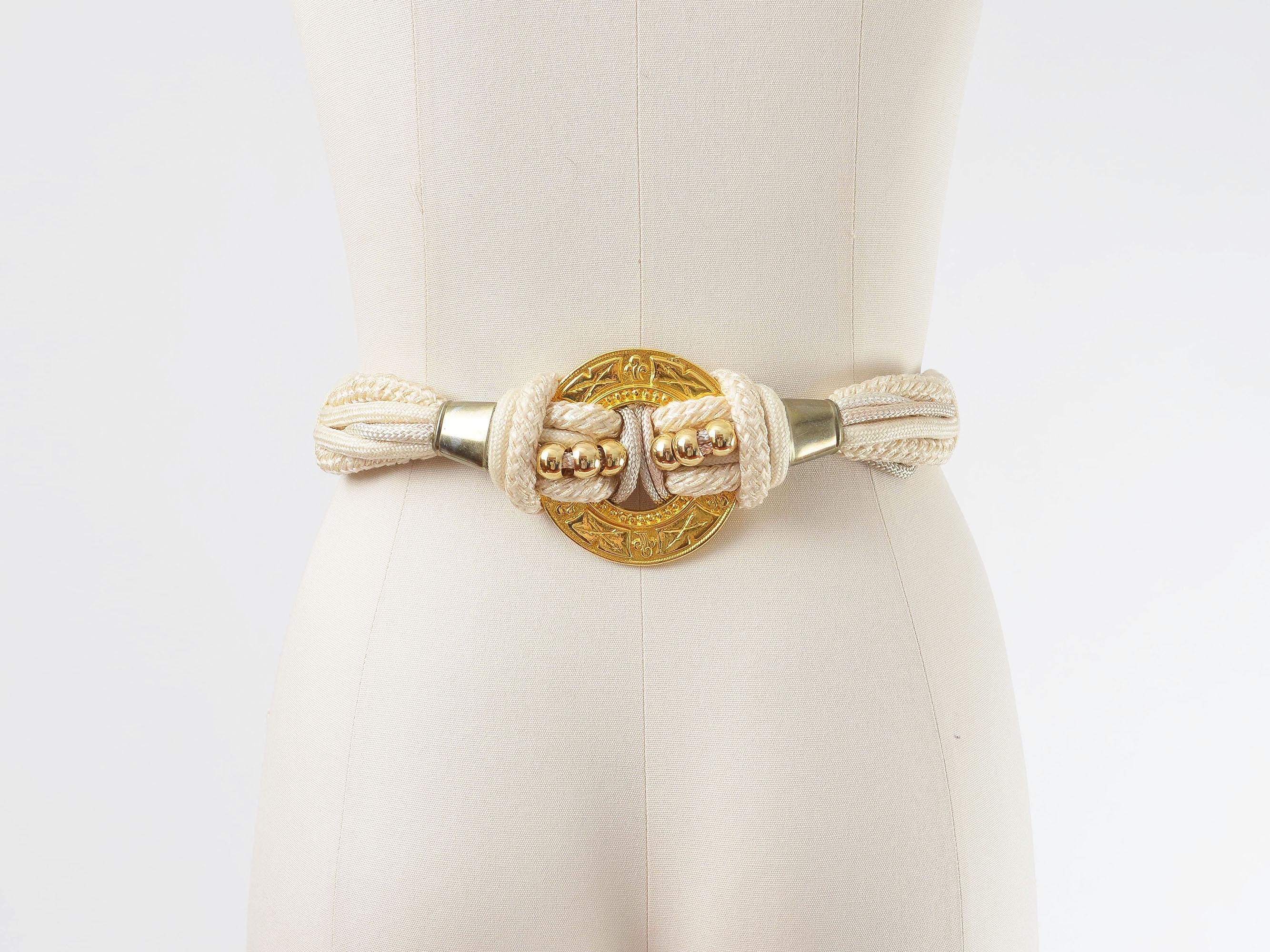 Vintage 80s Cream and Gold Medallion Braided Cord Cinch Belt  display picture 2