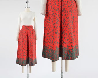 Red and Green Paisley Skirt 80s Vintage Cotton A-line Pleated Midi Skirt size S 27 waist