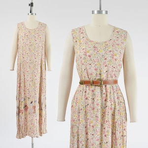 Cream Floral Maxi Dress size M L | Vintage 90s Crinkled Rayon Fruit Print Sleeveless Long Sundress