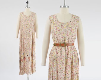 Cream Floral Maxi Dress 90s Vintage Crinkled Rayon Fruit Print Sleeveless Long Sundress size M L