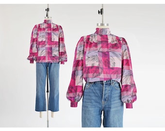 Vintage 80s Abstract Plaid Tie Neck Puff Sleeve Blouse Top size XS S