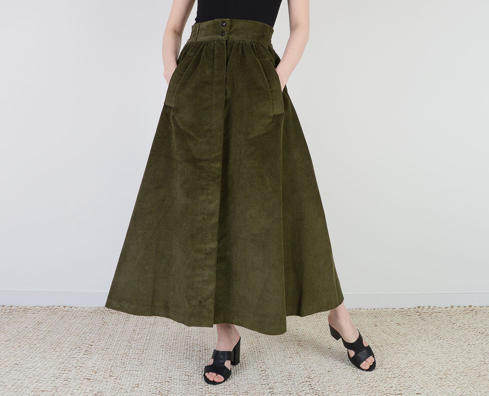 Vintage s Olive Green Corduroy Skirt High Waist Full Ankle   Etsy