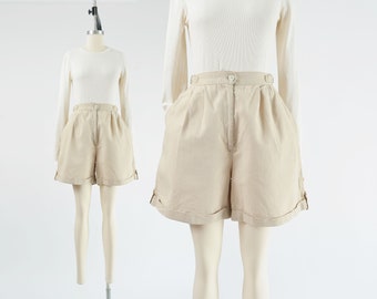Minimal Tan Safari Shorts 80s Vintage High Waisted Pleated Front Cotton Ramie Bermuda Shorts size M