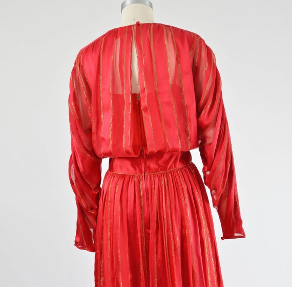 Red Striped Silk Satin Dress 80s Vintage Metallic… - image 8