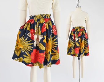 Navy Tropical Floral Skirt 90s Vintage Silk Elastic Waist Full Mini Skirt with Pockets size Medium