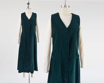 Teal Green Velvet Maxi Dress 90s Vintage Cotton Velveteen Button Down Front Pinafore Dress size M